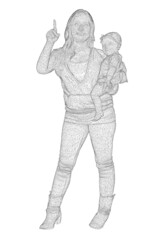 Wireframe of a young mother with a baby in her arm, the other hand is raised up from black lines, isolated on white background. Front view. 3D. Vector illustration