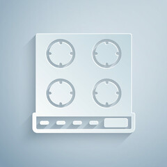 Paper cut Gas stove icon isolated on grey background. Cooktop sign. Hob with four circle burners. Paper art style. Vector