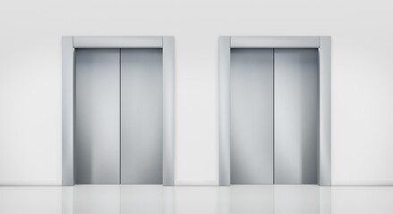 Lift doors, passenger or service closed elevators in empty hallway with white walls. Building hall interior with metal silver gates, indoor transportation in office, house or hotel, 3d illustration