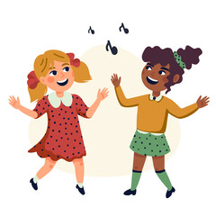 Dancing Kids, Cartoon vector illustration of happy Multicultural children. Flat style vector illustration.