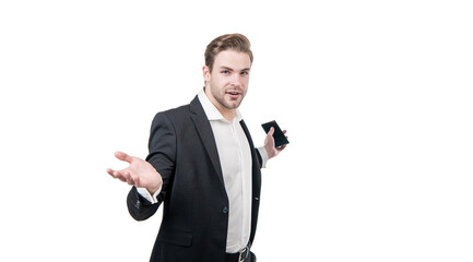 Naklejka premium Presenting product. Businessman hold smartphone showing open hand. Presenting product for copy space