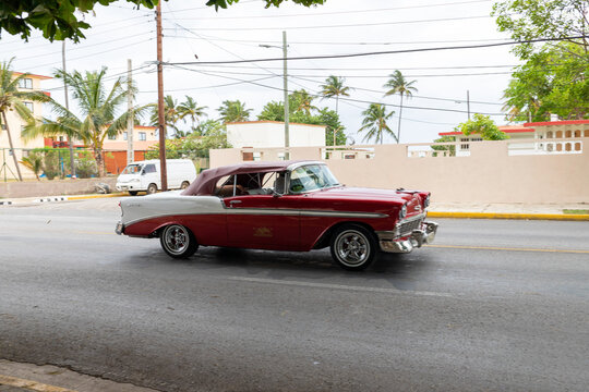 Varadero, Cuba - May 20, 2021: 1957 Chevrolet Bel Air in motion