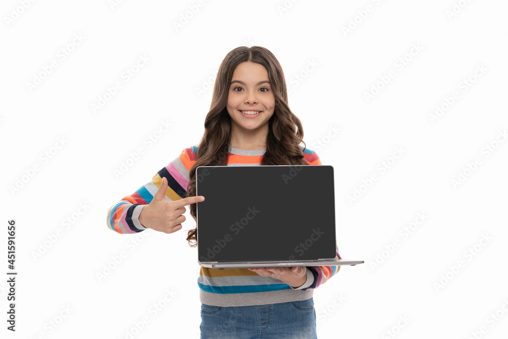 Poster pointing finger. happy child presenting product. school presentation on computer.