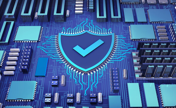 Abstract image of CPU microchip in form of a shield, with a check mark icon on it, connected to a PC motherboard. Cybersecurity concept related to the technologies that ensure data security. 3D render