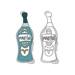 Fototapeta na wymiar Martini on white background. Two kinds beverage. Cartoon sketch graphic design. Doodle style with black contour line. Colored hand drawn bottle. Party drinks concept. Freehand drawing style