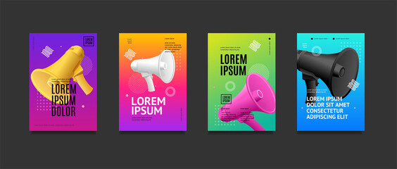 Poster Banner Card with Realistic Detailed 3d Megaphone and Abstract Memphis Style Elements Set. Vector