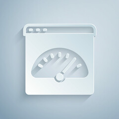 Paper cut Digital speed meter icon isolated on grey background. Global network high speed connection data rate technology. Paper art style. Vector