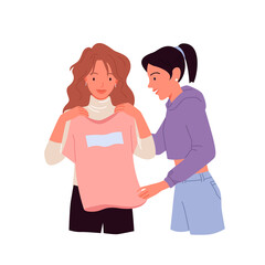 Girl trying clothing in retail fashion store, boutique, shopping mall vector illustration. Cartoon young stylish woman character choosing casual clothes with friend, girls shopping isolated on white