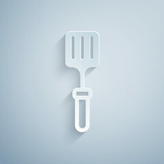 Paper cut Barbecue spatula icon isolated on grey background. Kitchen spatula icon. BBQ spatula sign. Barbecue and grill tool. Paper art style. Vector