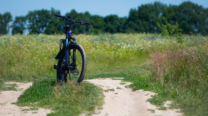 bike stands on the road in the field. A mountain bike stands on a field path with green grass. Mountain bike, blooming summer field, meadow flowers, sunny day. ride a bike. outdoor activities