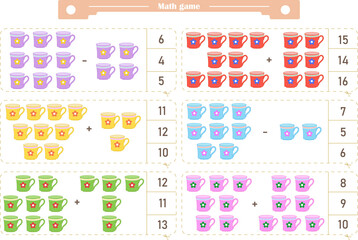   Math game for children. Addition and subtraction. The score is 1-20. Find the correct answer