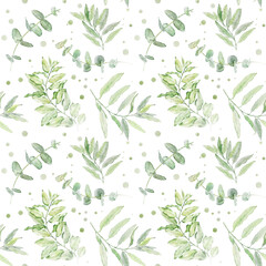 Watercolor seamless floral pattern with green leaves isolated on white background.