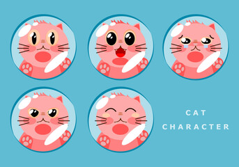 Set face cute kid pink cat with circular window glass character flat vector. 