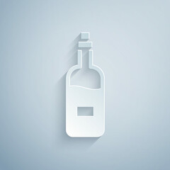 Paper cut Bottle of wine icon isolated on grey background. Paper art style. Vector