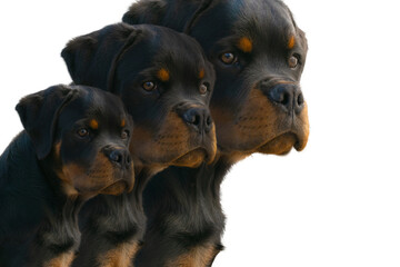 Profile portrait of three rottweiler dogs in different sizes on white background.
