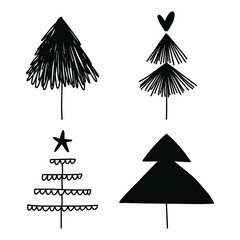 Simple christmas trees. Christmas trees on white. Set for icons on isolated background. Geometric art. Objects for polygraphy, posters, t-shirts and textiles. Black and white illustration