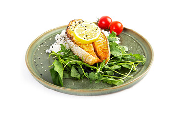 Baked salmon steak with rice and tomatoes