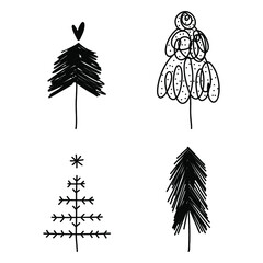 Christmas and New year hand drawn trees, scrapbooking design elements, icons set isolated on white background.