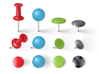 different types of push pins, thumbtacks isolated on white background vector