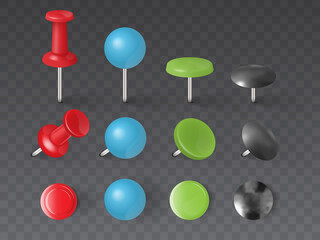 different types of push pins, thumbtacks isolated on black background vector