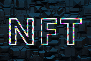 NFT Non Fungible Tokens Neon Text On Abstract 3D Background Crypto Art Collectibles Concept.