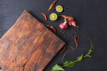 wooden chopping board and spices