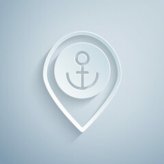 Paper cut Map pointer with anchor icon isolated on grey background. Paper art style. Vector