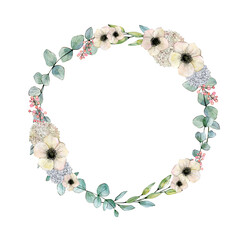 Watercolor illustration wreath with anemones and eucalyptus. Hand drawn clipart. Isolated on white background.