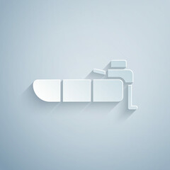 Paper cut Inflatable boat with outboard motor icon isolated on grey background. Paper art style. Vector