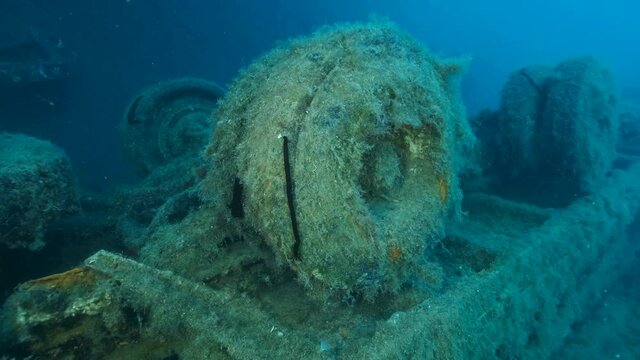 Close up of truck on the shipwreck Swedish ferry MS Zenobia. Slow motion, Wreck diving. Mediterranean sea, Cyprus