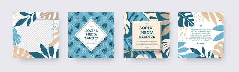Vector square banner, social media flyer, post with creative tropical illustration