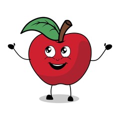 red apple illustration icon with happy expression, apple has hands and feet