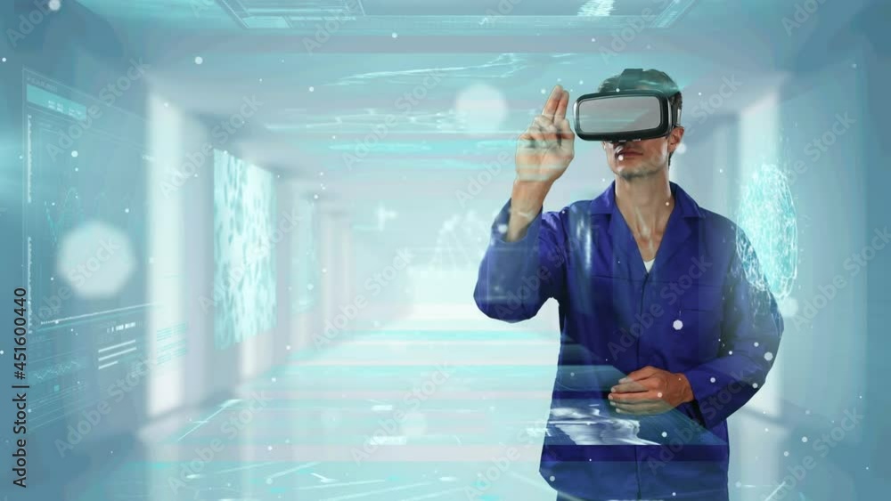 Poster animation of screens with data processing over man wearing vr headset