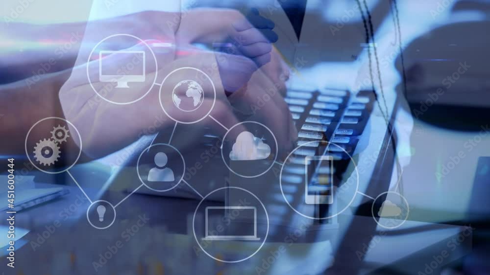 Poster animation of network of connections with icons over woman typing on computer keyboard