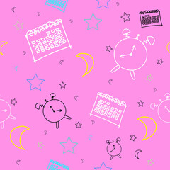 Seamless pattern design of clock and calendar on a lovely and sweet pink tone background. sketch concept