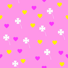 Fototapeta na wymiar White clover leaves and hearts are spread on pink tone. seamless pattern background