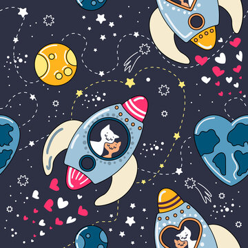 Vector seamless pattern with rockets, stars, planets, cats and hearts. Cats in love in space fly on a rocket. Space background for children. Great for packaging, wallpaper, fabrics, textiles