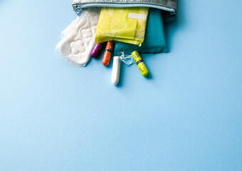 Critical days. Woman hygienic protection, menstruation, cotton tampons, sanitary pads. Feminine...