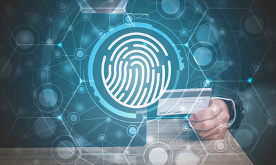 Fingerprint scan provides security human password access with biometrics identification. Cyber security Concept with Businessman using credit card for shopping online background .