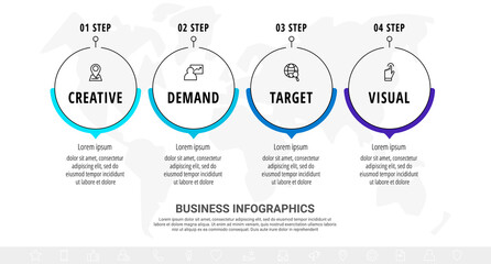 Vector minimal line infographics with circles and arrows. Business timeline 4 steps by step, options, labels. Flat template with four ways for chart, diagram, flowchart, app