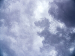 Dramatic blue and gray, cloudy sky with cumulus clouds.