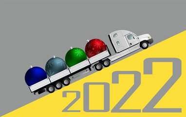 Christmas card. An American semi-trailer truck carries New Year's decorations for Christmas and New Year. 2022.