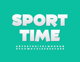 Vector stylish Emblem Sport Time. Modern White Font. Sticker style Alphabet Letters and Numbers set. 