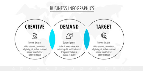 Line vector minimal infographic with three circles. Modern timeline business concept with 3 steps by step for diagram, chart, flowchart, levels, graphic, app, web