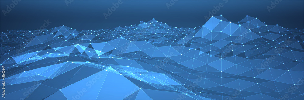 Poster abstract blue background. dark low poly triangle pattern. virtual computer landscape. technology sty