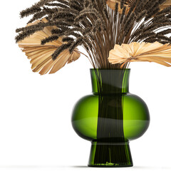 bouquet of dry flowers in a vase with reeds on a white background