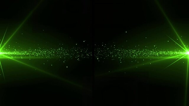 Animation of glowing green particles of light moving to centre from left and right, on black
