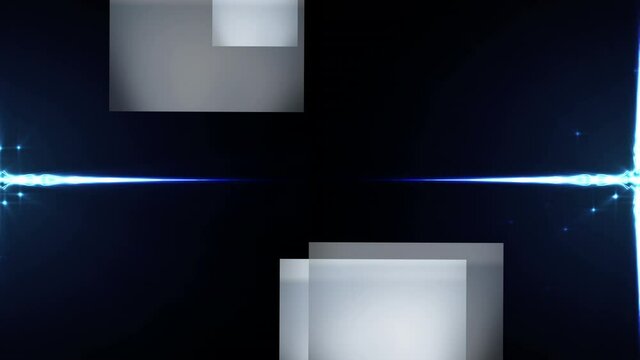 Animation of grey squares with blue current moving from centre in waves to left and right, on black