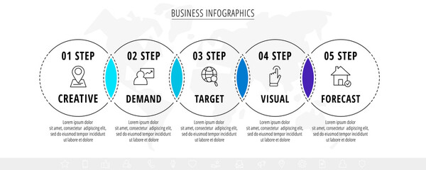 Business vector infographics with 5 line circles. Timeline visualization with five steps for diagram, flowchart, banner, presentations, web, content, levels, chart, graphic