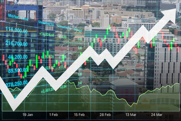 Stock financial index show successful investment on property business and construction industry on  urban image with graph and chart for presentation and report background.